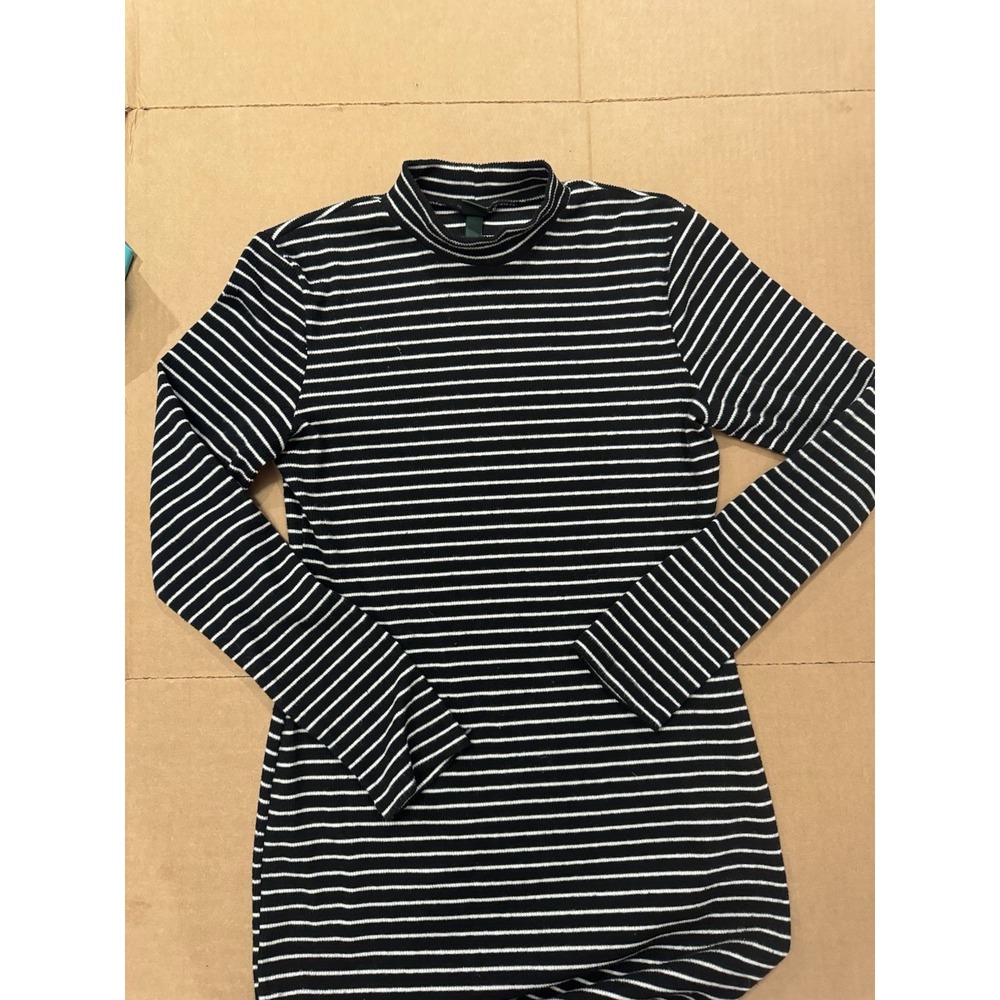 Wild Fable Black White Striped Rib Knit Long Sleeve Midi Dress XL Side Slit